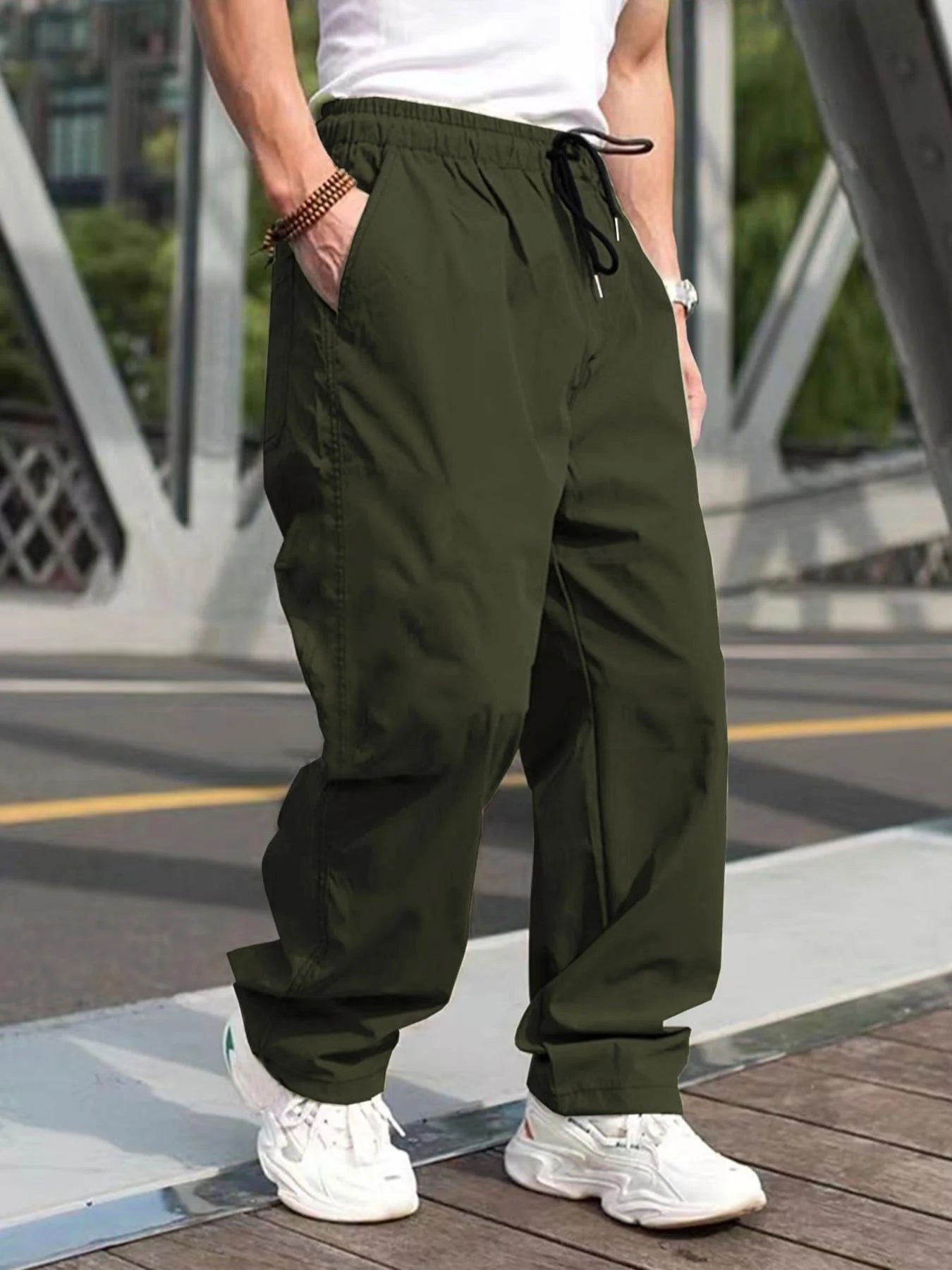 Men’s Drawstring Waist Cargo Pants – Casual Straight-Leg Trousers