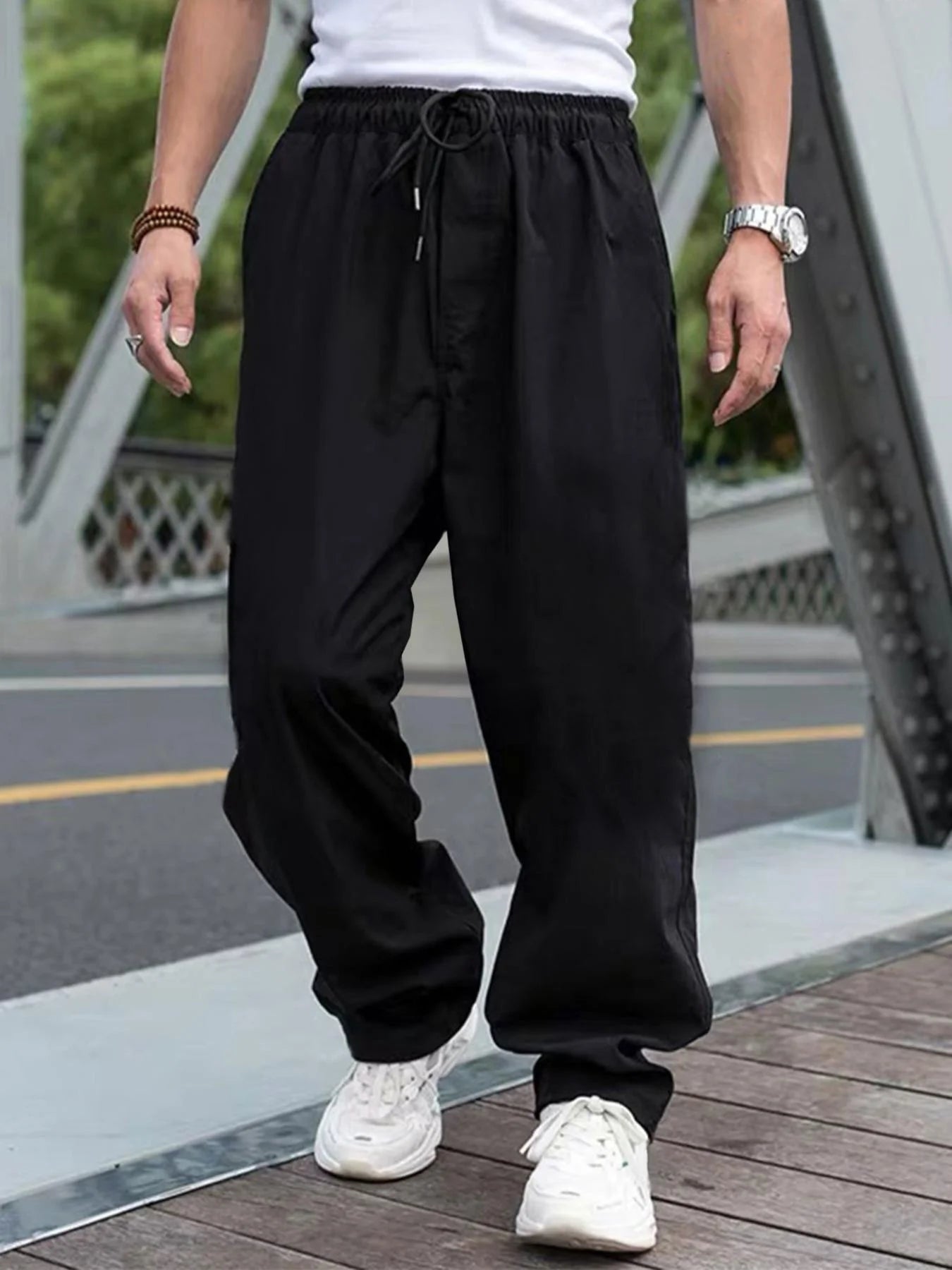 Men’s Drawstring Waist Cargo Pants – Casual Straight-Leg Trousers
