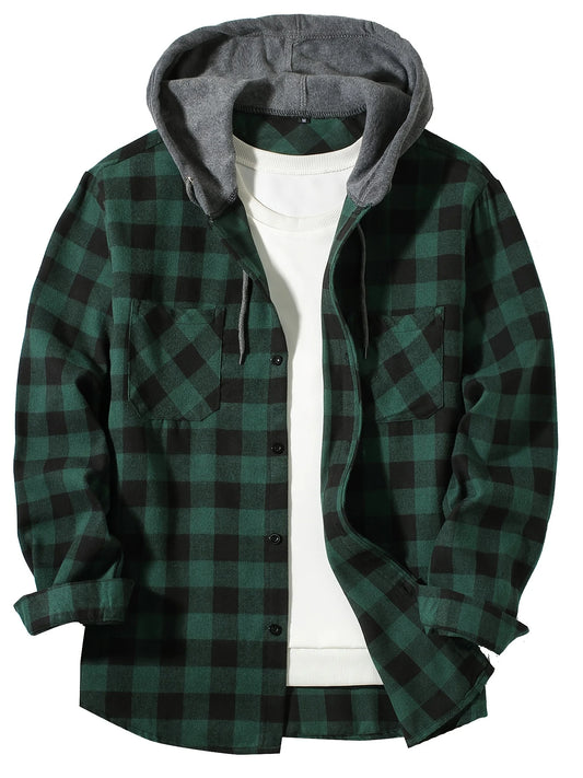 Men's Loose Plaid Hooded Shirt